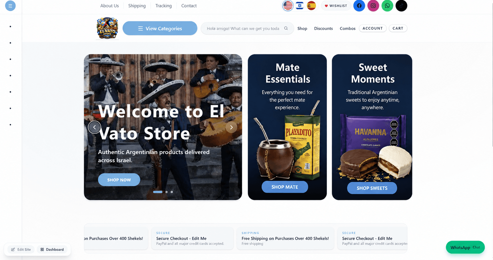 Elvato Store homepage with hero banner and featured promotions