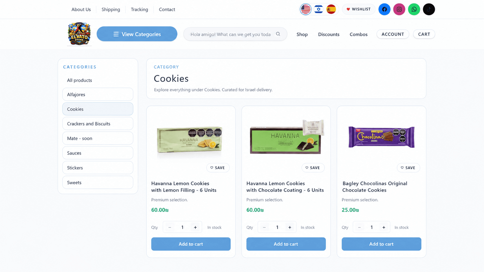 Elvato Store category page showing the cookies product grid