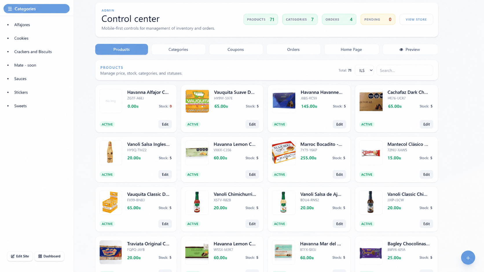Elvato Store admin control center for managing products, orders, and categories
