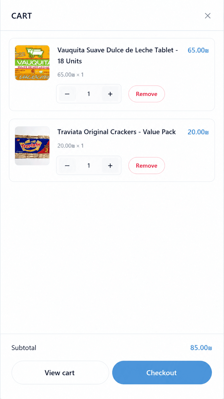 Elvato Store mobile cart with items, subtotal, and checkout