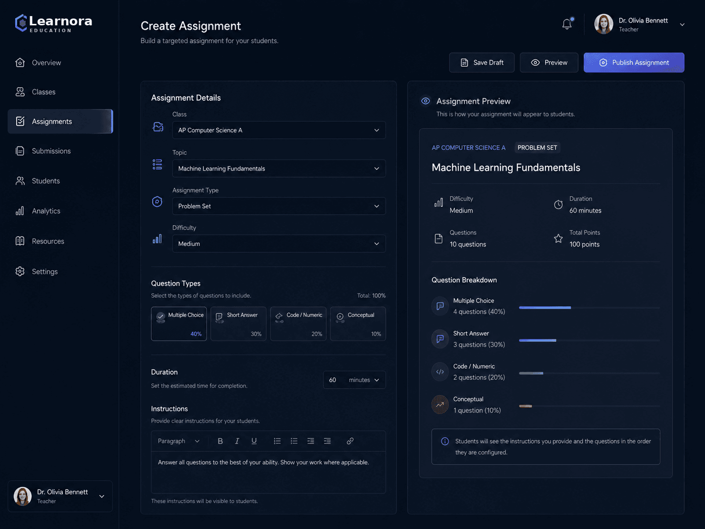 Learnora assignment builder with a live student-facing preview