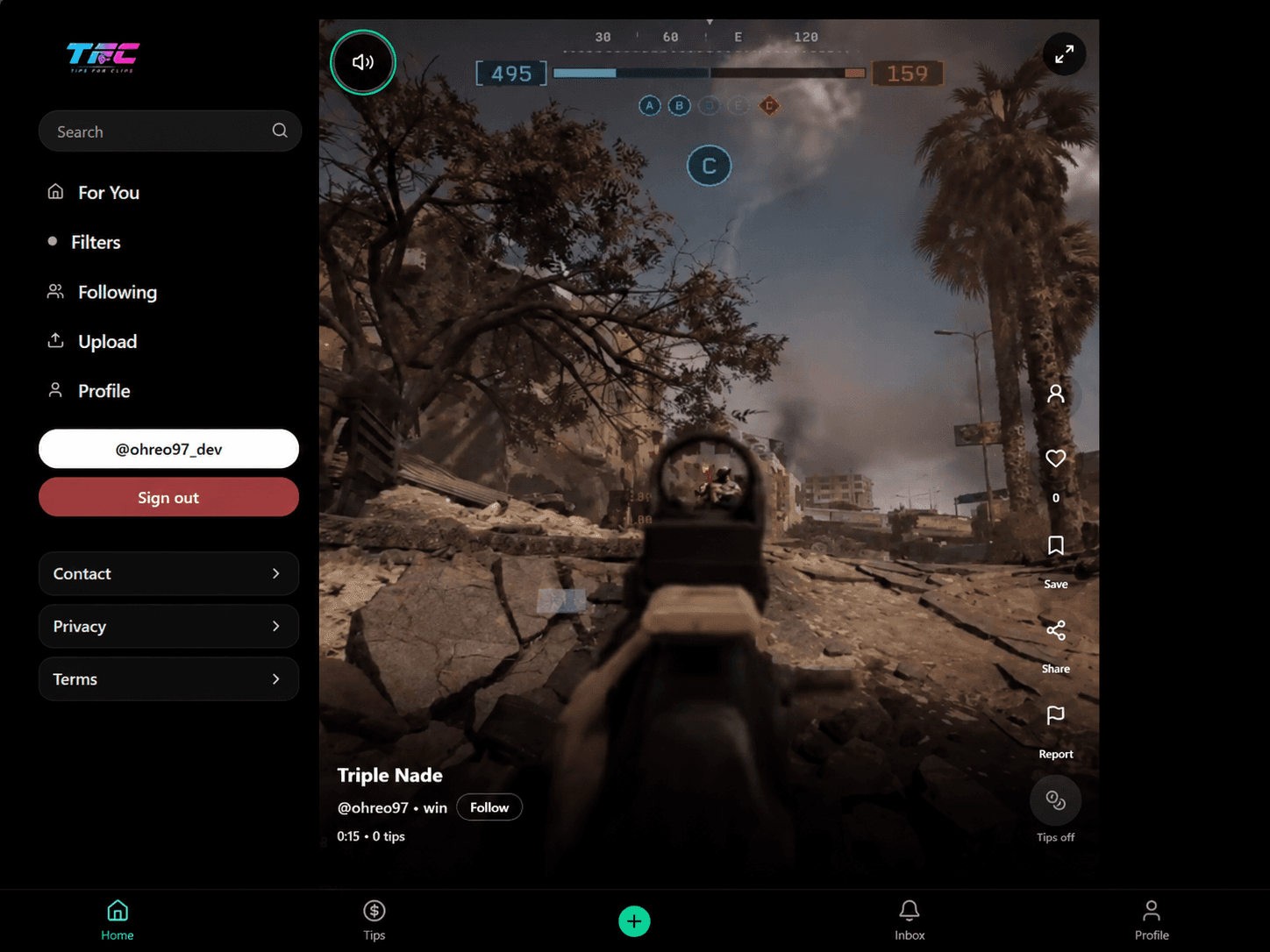 Tips for Clips desktop feed with sidebar navigation and an open clip