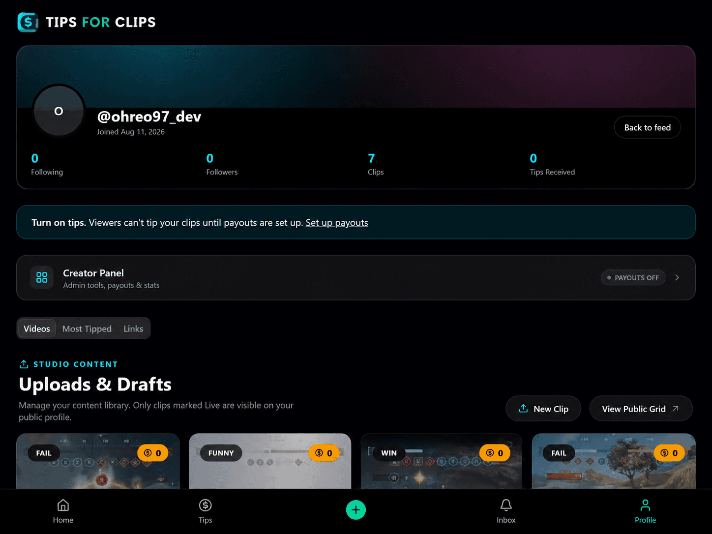 Tips for Clips creator profile showing clip count, followers, and uploads