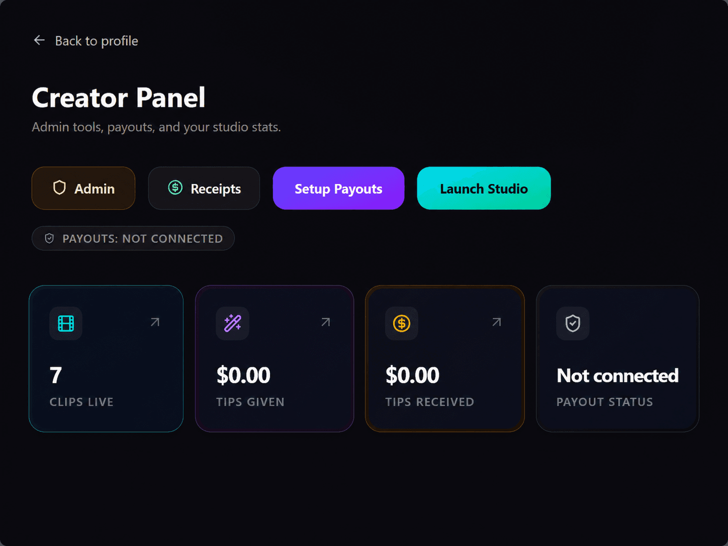 Tips for Clips creator panel with payouts, receipts, and studio stats