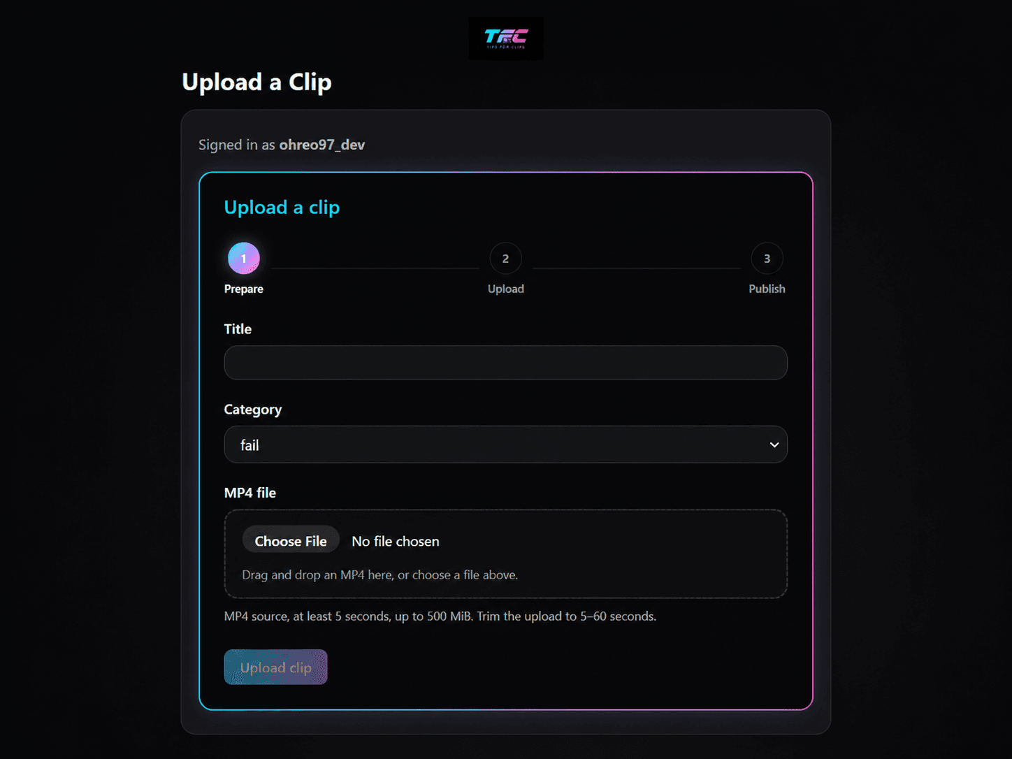Tips for Clips upload flow with title, category, and file selection